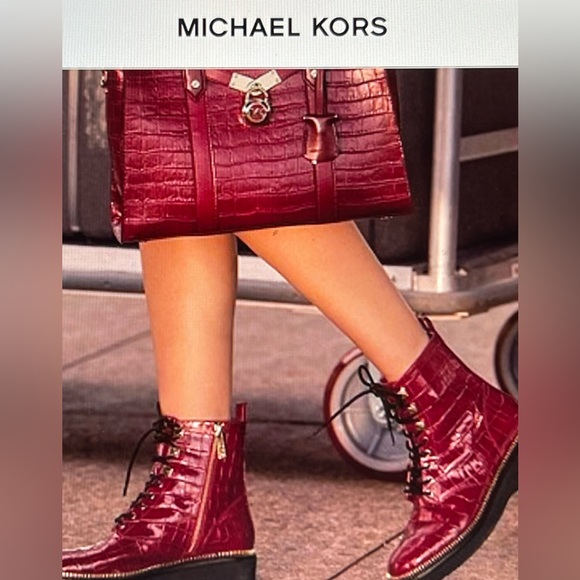 Michael Kors Haskell Crocodile Embossed Leather Combat Boot Size 5M New - Picture 2 of 13